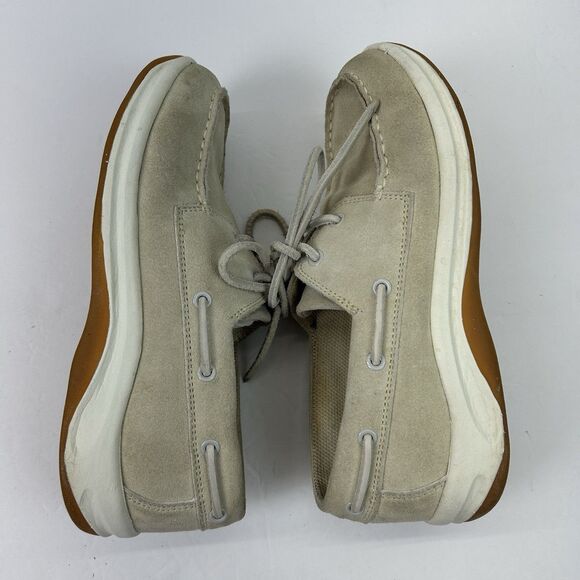 Lands End Boat Shoes Women's 7B Beige Leather Cushioned Insole Casual Slip On - Picture 6 of 14